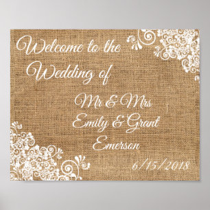 Poster Bienvenue personnalisée au mariage de toile de jut
