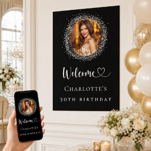 Poster Bienvenue photo pailleté noir argent pour annivers
