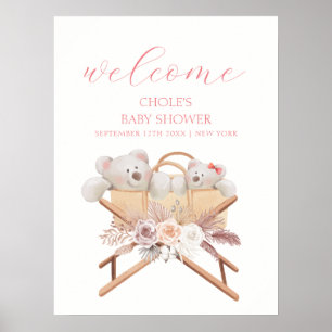 Poster Bienvenue pour la Baby Shower Fille Ourson Bohème