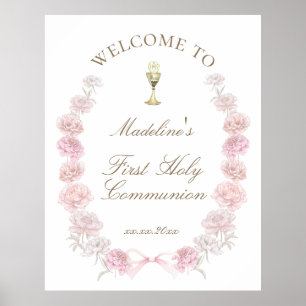 Poster Bienvenue pour la Première Communion en roses peon