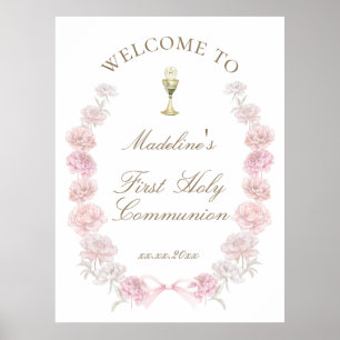 Poster Bienvenue pour la Première Communion en roses peon