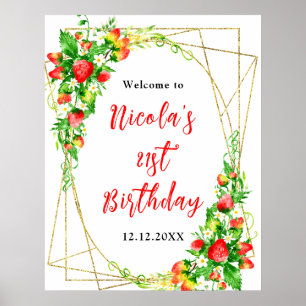 Poster Bienvenue pour l'anniversaire avec des fraises et 