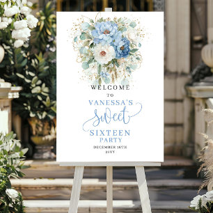 Poster Bienvenue pour les 16 ans Fleurs Bleues Bohèmes Or