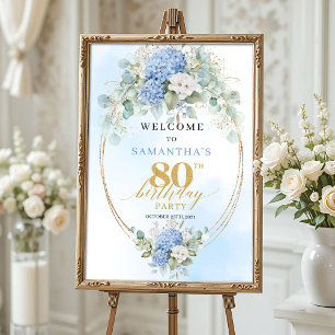Poster Bienvenue pour les 80 ans Dusty Blue Floral Eucaly