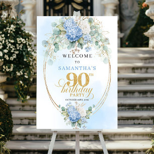 Poster Bienvenue pour les 90 ans Fleur Bleu Pâle Élégant