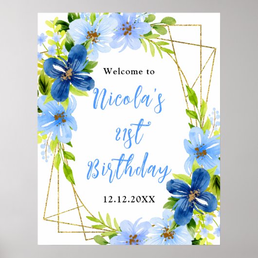 Poster Bienvenue pour un anniversaire avec des fleurs ble (Devant)