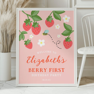 Poster Bienvenue pour un premier anniversaire à la fraise