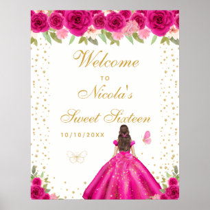 Poster Bienvenue pour un Sweet Sixteen Cheveux Bruns Rose