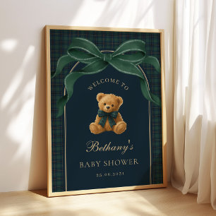 Poster Bienvenue pour une Baby Shower Ourson Carreaux Ver