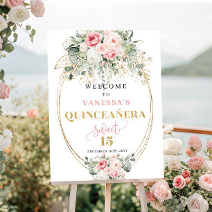 Poster Bienvenue romantique de quinceañera bohème en rose