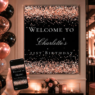 Poster Bienvenue rose noir paillettes or pour un annivers