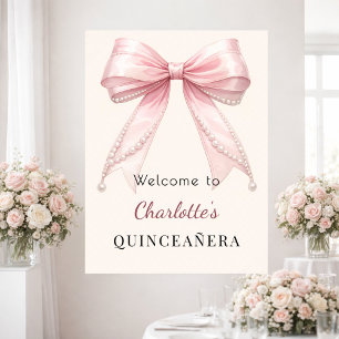 Poster Bienvenue rose Quinceanera ruban crème ivoire perl