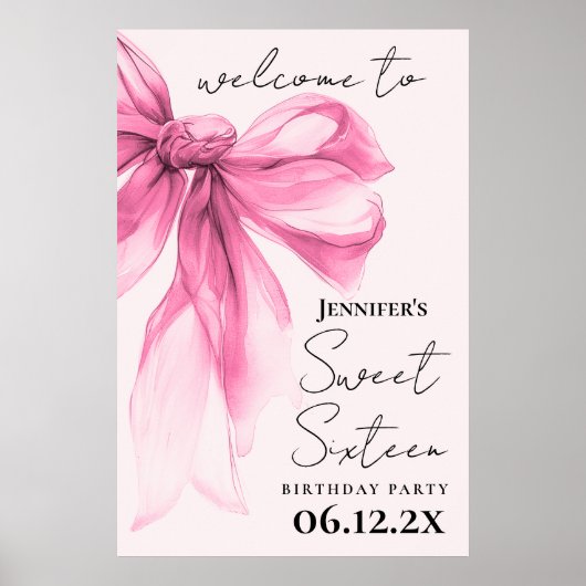 Poster Bienvenue Ruban Rose Coquette Script Douce 16 Blus (Devant)