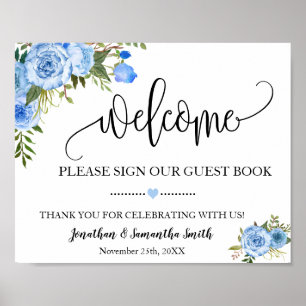 Poster Bienvenue signer notre livre d'hôtes mariage bleu