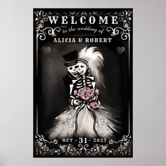 Poster Bienvenue Skeletons d'Halloween Mariage rose (Devant)