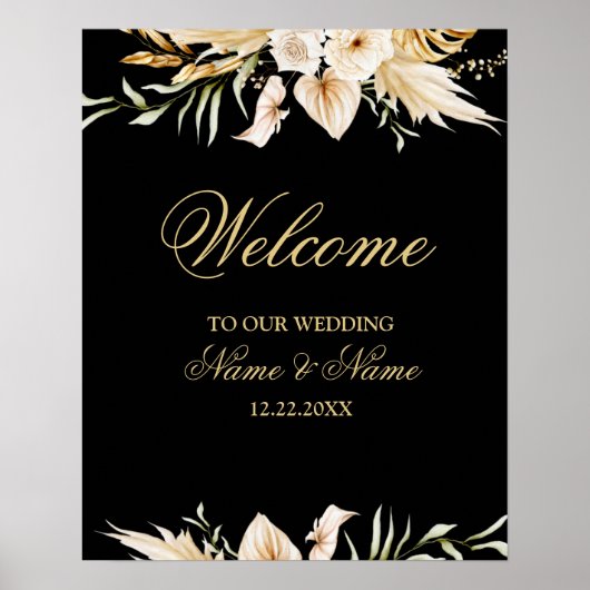 Poster Bienvenue Soirée Mariage Blush Rose Floral Or Noir (Devant)