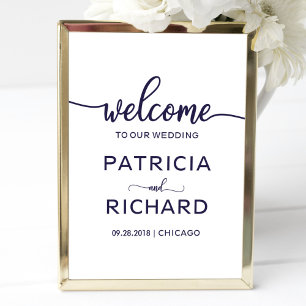 Poster Bienvenue sur notre panneau de mariage chic bleu m