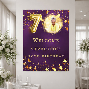Poster Bienvenue sur une photo d'étoiles dorées violettes