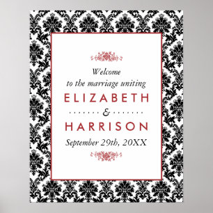 Poster Bienvenue vintage rouge, noir et blanc Mariage dam