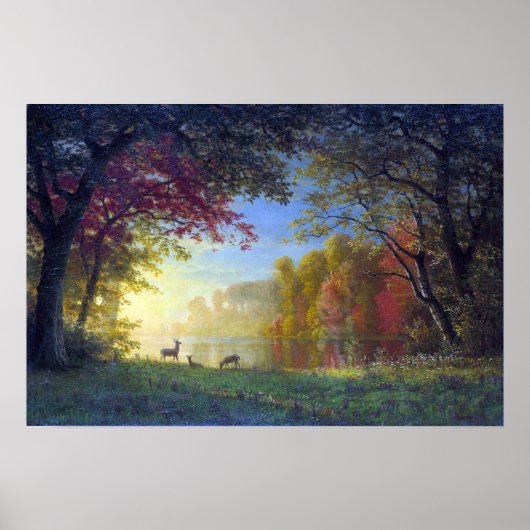 Poster Bierstadt - Cerf De Coucher De Soleil Indien Au Bo (Devant)