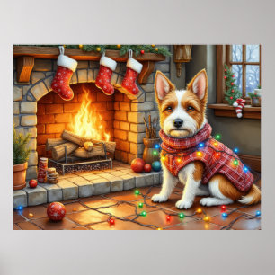 Poster Biewer Terrier Cheminée avec Lumières de Noël