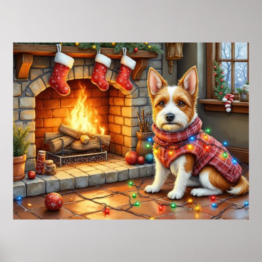 Poster Biewer Terrier Cheminée avec Lumières de Noël (Devant)
