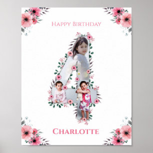 Poster Big 4th Birthday Girl Photo Collage Fleur rose