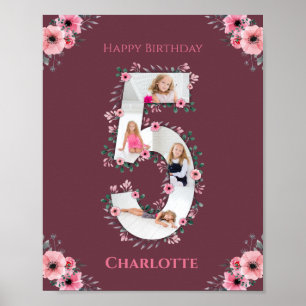 Poster Big 5th Birthday Girl Photo Collage Fleur rose