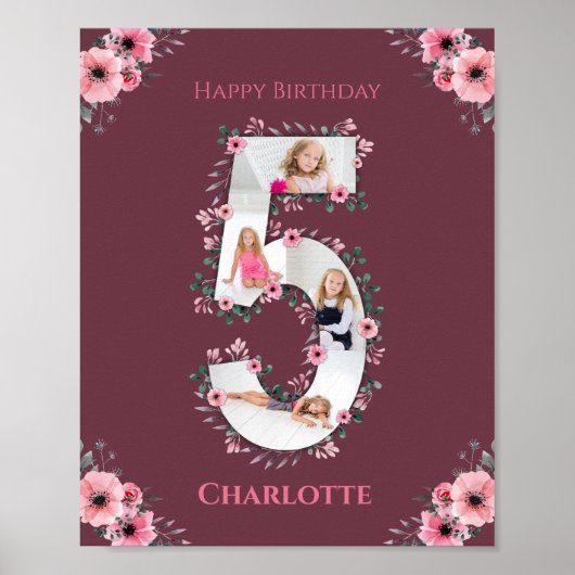 Poster Big 5th Birthday Girl Photo Collage Fleur rose (Devant)