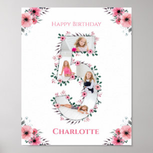 Poster Big 5th Birthday Girl Photo Collage Fleur rose
