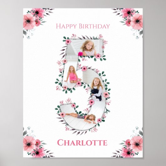 Poster Big 5th Birthday Girl Photo Collage Fleur rose (Devant)