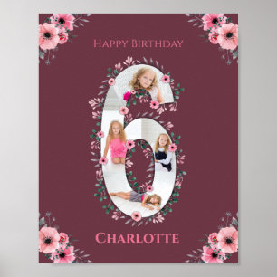 Poster Big 6th Birthday Girl Photo Collage Fleur rose