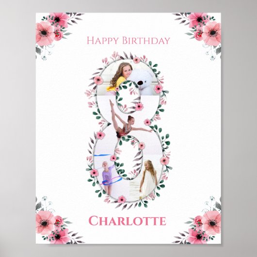 Poster Big 8th Birthday Girl Photo Collage Fleur rose (Devant)