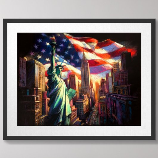 Poster Big City Patriotic USA Drapeau Statue Liberty Amer