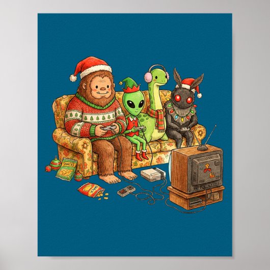 Poster Bigfoot Alien Nessie Mothman Retro Gaming Christma (Devant)