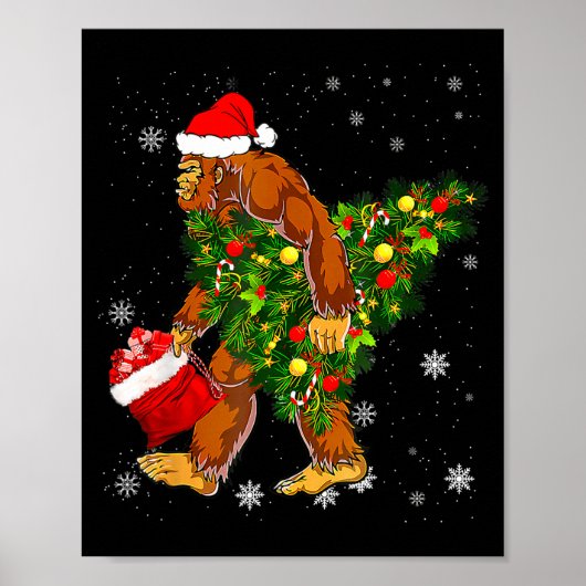Poster Bigfoot Carrying Christmas Tree Sasquatch Believer (Devant)
