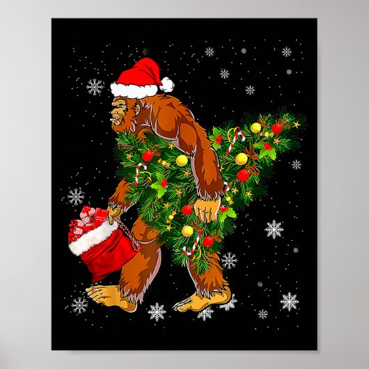 Poster Bigfoot Carrying Christmas Tree Sasquatch Believer (Devant)