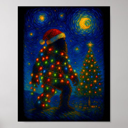 Poster Bigfoot Christmas Sasquatch Santa Hat Starry Night (Devant)