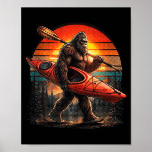 Poster Bigfoot drôle en kayak au coucher du soleil rétro