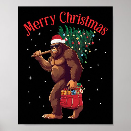 Poster Bigfoot Joyeux Noël Arbre Lumières Sasquatatch Noë (Devant)