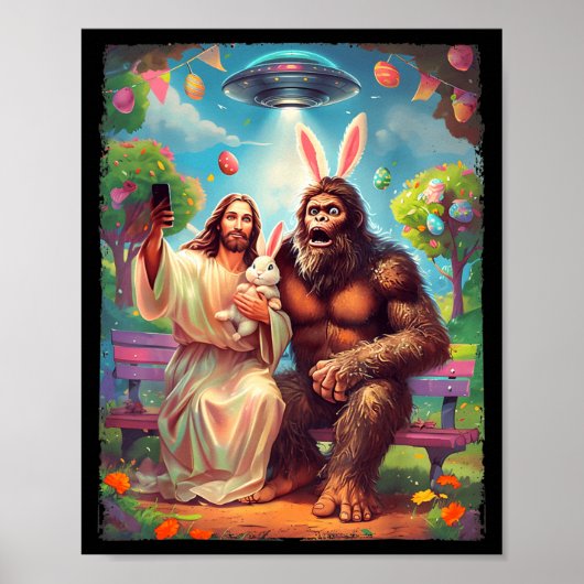 Poster Bigfoot lapin drôle Pâques jésus sasquatch selfie (Devant)