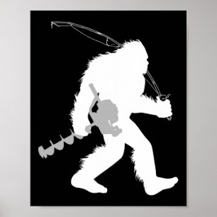 Poster Bigfoot Pêche Glace Yeti Pêcheur Avec Forage Un