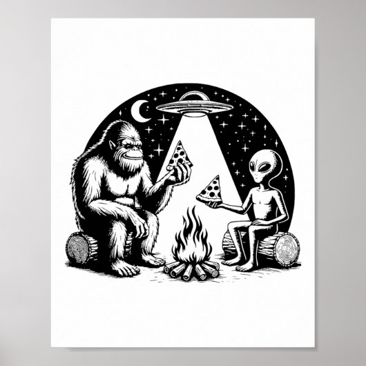 Poster Bigfoot Ufo Alien Pizza Feu de camp Randonnée Camp (Devant)
