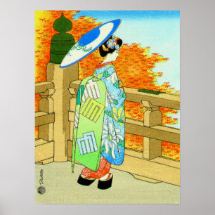Poster Bijin et érable rouge Hasegawa Sadanobu III 1950s