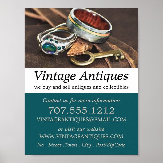 Poster Bijoux et clé vintages, détaillant d'antiquités, m (Devant)