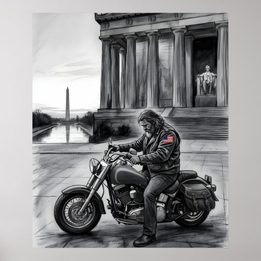 Poster Biker at Lincoln Memorial Washington Monument  (Devant)