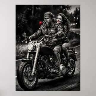 Poster Biker Couple Motorcycle Night Ride Romance