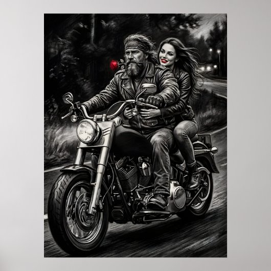 Poster Biker Couple Motorcycle Night Ride Romance (Devant)