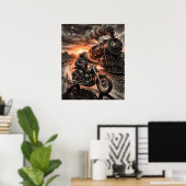 Poster Biker Races Steam Train Desert Sunset Charcoal Art (Bureau à domicile)