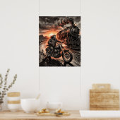 Poster Biker Races Steam Train Desert Sunset Charcoal Art (Cuisine)